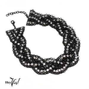 Vintage Black Metal Braid Chain Collar Necklace w Rhinestones 21" Long - Hey Viv